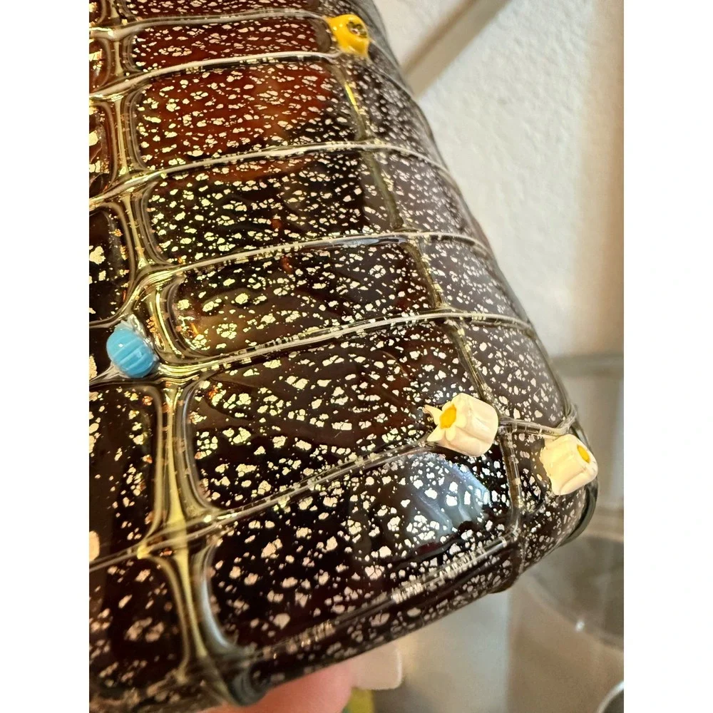 Artisan Hand Blown Milano silver Crackle Glass Vase Millefiori Floral Accents‎